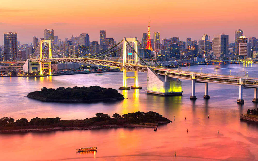 Tokyo skyline at sunset with Rainbow Bridge, Japan