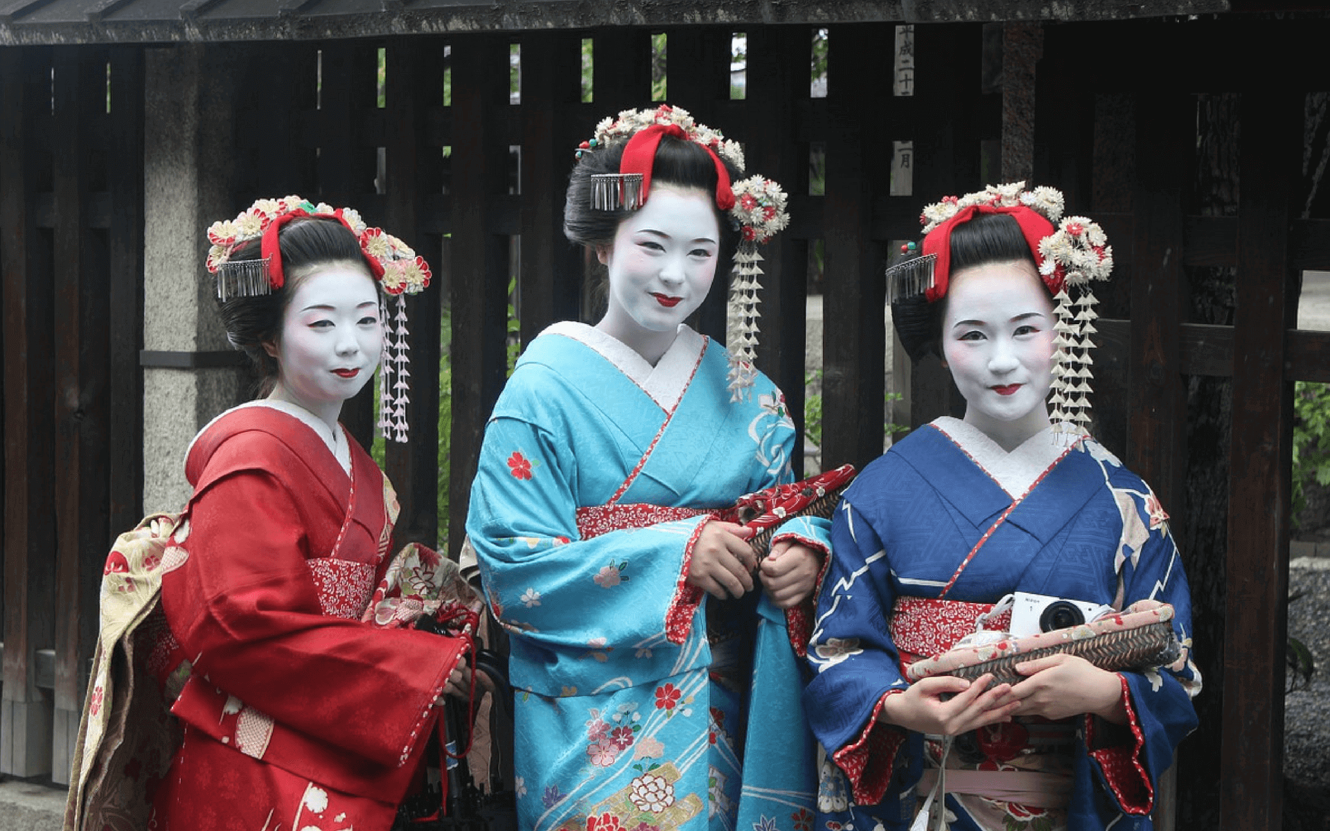 Three geisha women dressed in traditional kimono in Japan