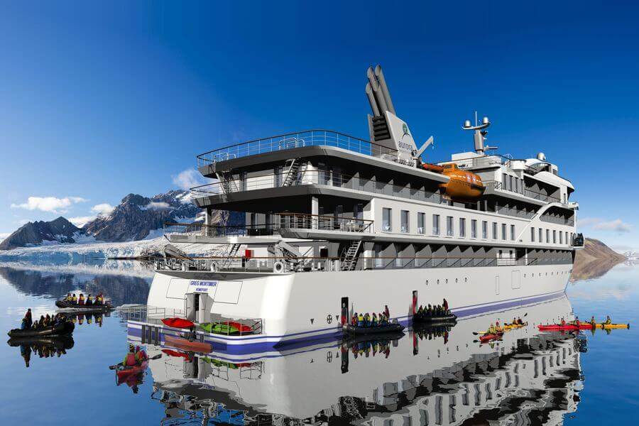 people disembarking at the Greg Mortimer ship's activity platform for shore excursions in Antartica