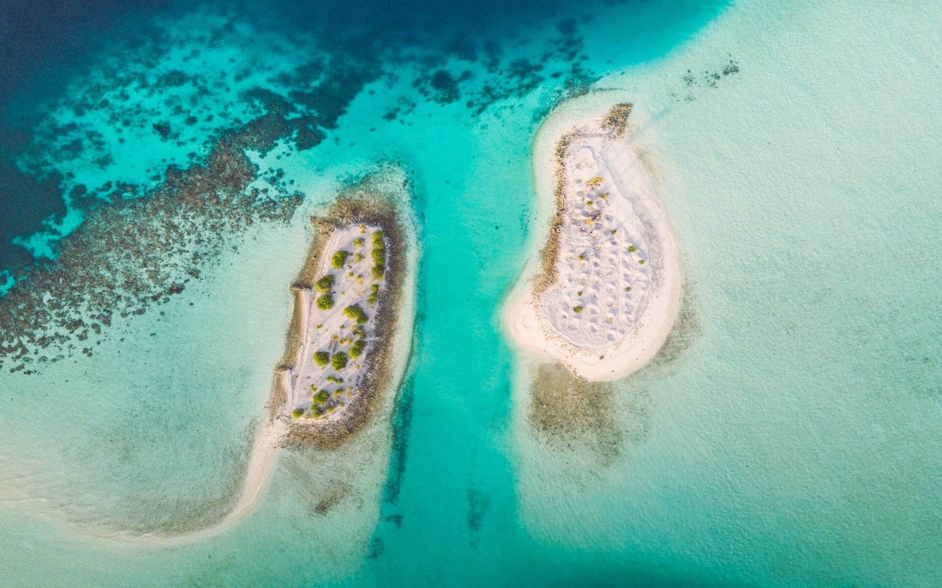 aerial view of white sandy islets surrounded by turquoise water in south ari atoll, maldives